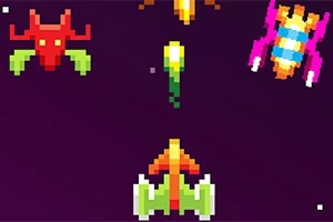 Nave spațiale pixelate în stil retro, pe un fundal cosmic mov