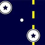 Joc tip pinball cu două cercuri albe cu stele albastre, o minge albă, o linie galbenă întreruptă și o paletă albă pe fundal albastru închis