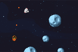 O navă spațială în stil pixel art este înconjurată de meteoriți într-un fundal stelar