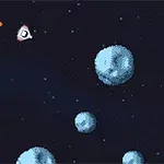 O navă spațială în stil pixel art este înconjurată de meteoriți într-un fundal stelar