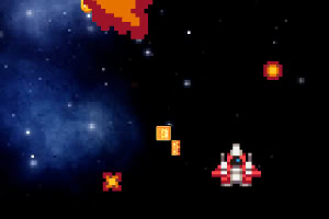 Nava spațială pixelată trage spre obiecte spațiale pe un fundal de galaxie albastră