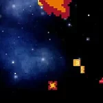 Nava spațială pixelată trage spre obiecte spațiale pe un fundal de galaxie albastră