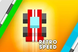 Mașinuță roșie stilizată cu dungi albe pe un fundal galben strălucitor, cu textul „Retro Speed”