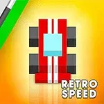 Mașinuță roșie stilizată cu dungi albe pe un fundal galben strălucitor, cu textul „Retro Speed”