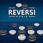 Piese albe și negre sunt plasate pe un tablă de joc albastră, cu textul Reversi Mania deasupra