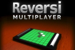 Titlul Reversi Multiplayer deasupra unei table de joc verde cu piese alb-negru pe o suprafață maronie