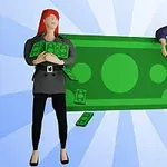 Două personaje animate, un bărbat și o femeie, stau lângă o bancnotă verde uriașă, iar femeia ține bani în brațe