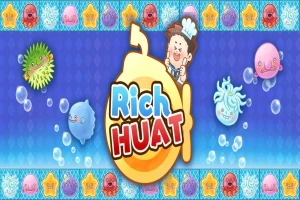 Personaj vesel de desene animate lângă un text colorat Rich Huat pe un fundal albastru cu creaturi marine drăguțe și bule