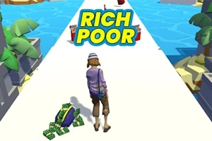 Personaj pe o pistă albă între palmieri, cu un teanc de bani și textul „RICH POOR” deasupra