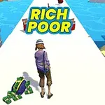 Personaj pe o pistă albă între palmieri, cu un teanc de bani și textul „RICH POOR” deasupra