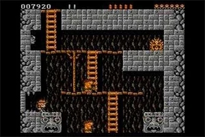 Rick Dangerous Un ecran de joc retro cu un labirint de ziduri de piatră, scări și creaturi pixelate