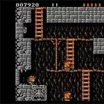 Rick Dangerous Un ecran de joc retro cu un labirint de ziduri de piatră, scări și creaturi pixelate