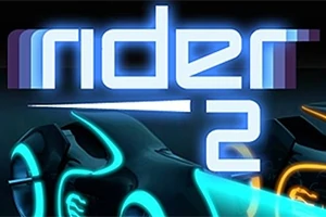 Text albastru neon „rider 2” deasupra a două motociclete futuriste cu lumini albastre și portocalii