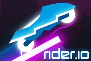 Un vehicul stilizat albastru neon pe fundal întunecat cu textul rider