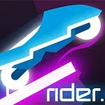 Un vehicul stilizat albastru neon pe fundal întunecat cu textul rider