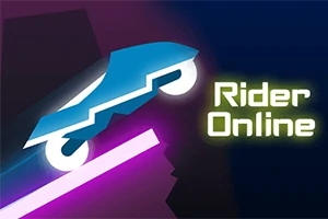 Siluetă albastră stilizată a unei motociclete care sare peste o rampă roz, cu textul Rider Online în apropiere