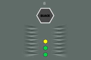 Un hexagon gri în partea de sus cu textul BLACK și trei hexagoane colorate în galben și verde pe un fundal gri, cu șiruri de triunghiuri pe lateral