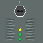 Un hexagon gri în partea de sus cu textul BLACK și trei hexagoane colorate în galben și verde pe un fundal gri, cu șiruri de triunghiuri pe lateral