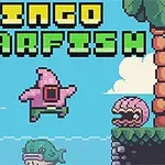 Personaje pixelate colorate, inclusiv o stea de mare roz și alte creaturi marine, pe un fundal cu palmieri și norisori, cu titlul Ringo Starfish