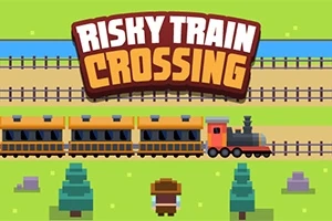 Locomotivă roșie cu vagoane trecând pe șine, cu un personaj și copaci pixel art în prim-plan