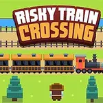 Locomotivă roșie cu vagoane trecând pe șine, cu un personaj și copaci pixel art în prim-plan