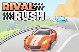 Două mașini de curse stilizate, una roșie și alta albastră, pe un drum șerpuit, cu textul Rival Rush deasupra