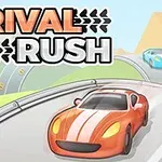 Două mașini de curse stilizate, una roșie și alta albastră, pe un drum șerpuit, cu textul Rival Rush deasupra