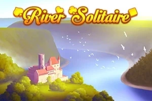 Un peisaj cu un castel lângă un râu curbat, înconjurat de copaci, cu păsări zburând pe fundal, sub un titlu colorat