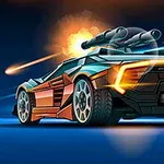 Mașină futuristă echipată cu tunuri, luminată de explozii și efecte luminoase pe un fundal albastru