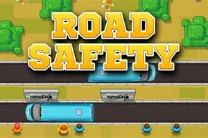 Textul Road Safety este afișat deasupra unui drum cu două autobuze albastre și persoane văzute de sus