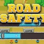 Textul Road Safety este afișat deasupra unui drum cu două autobuze albastre și persoane văzute de sus