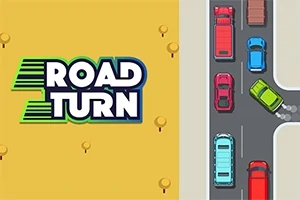 Logo Road Turn pe un fundal galben, alături de o intersecție cu mașini colorate văzute de sus