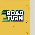 Logo Road Turn pe un fundal galben, alături de o intersecție cu mașini colorate văzute de sus