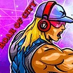 Personaj de desene animate cu păr blond, ochelari de soare roz, șapcă albastră, căști roșii și bandaj roz la mână, având un braț îndoit, pe un fundal cu motive geometrice și textul ROAR OF CITY