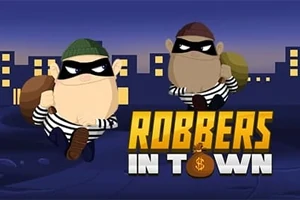 Doi hoți desenați poartă măști și haine dungate, fiecare având un sac în spate, cu un fundal de oraș noaptea și textul Robbers in Town dedesubt