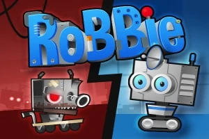 Două roboți desenați, unul cu ochi roșii pe un fundal roșu și celălalt cu ochi albaștri pe un fundal albastru, cu un titlu mare „RoBBie” deasupra