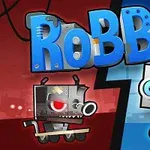 Două roboți desenați, unul cu ochi roșii pe un fundal roșu și celălalt cu ochi albaștri pe un fundal albastru, cu un titlu mare „RoBBie” deasupra