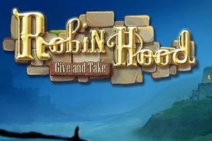 Text stilizat „Robin Hood: Give and Take” pe un fundal albastru cu contur de peisaj