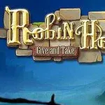 Text stilizat „Robin Hood: Give and Take” pe un fundal albastru cu contur de peisaj