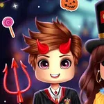Doi copii animați îmbrăcați în costume de Halloween, unul cu coarne roșii și furcă, celălalt cu pălărie de circ, pe fundal festiv