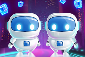 Doi roboți cu fețe albastre luminoase, înconjurați de cuburi plutitoare și un fundal urban futuristic