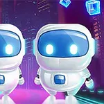 Doi roboți cu fețe albastre luminoase, înconjurați de cuburi plutitoare și un fundal urban futuristic