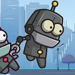 Doi roboți desenați, unul trăgându-l pe celălalt de mână, pe fundalul unui oraș cu clădiri înalte