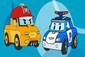Două mașinuțe animate, una galbenă cu o cască roșie și cealaltă albastră cu o sirenă de poliție, pe un fundal albastru