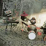 Formație de roboți muzicieni cântând pe o stradă pavată, cu un robot la clape, unul la baterie și altul la chitară, sub lumina soarelui