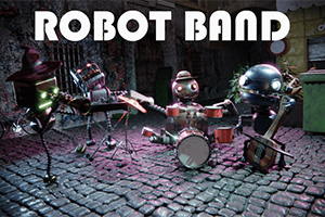 Formație de roboți muzicieni cântând pe o stradă pavată cu lumină vibrantă și text ROBOT BAND