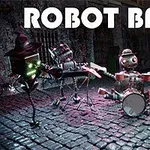 Formație de roboți muzicieni cântând pe o stradă pavată cu lumină vibrantă și text ROBOT BAND