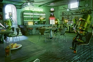 Interiorul unui bar futurist unde mai mulți roboți sunt așezați la mese, înconjurați de decoruri futuriste și un semn luminos Le Robobar