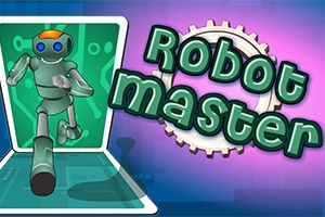 Robot verde care aleargă în fața unui ecran digital, cu textul Robot master și un decor de fundal albastru-roz