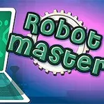 Robot verde care aleargă în fața unui ecran digital, cu textul Robot master și un decor de fundal albastru-roz